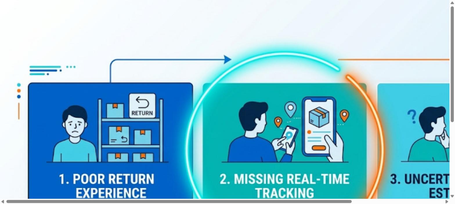 Supply chain visibility gap showing poor return experiences, missing real-time tracking, and uncertain delivery estimates