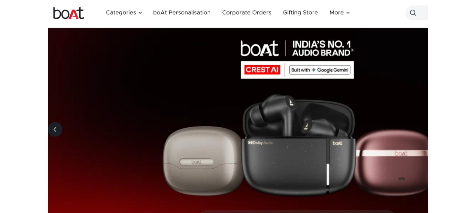 boAt website showcasing wireless earbuds and other consumer electronics products through its direct ecommerce channel