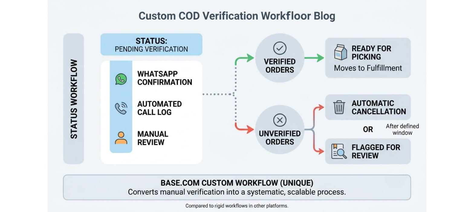 Custom COD verification workflow showing pending verification, customer confirmation, automated calls, manual review, and movement to picking