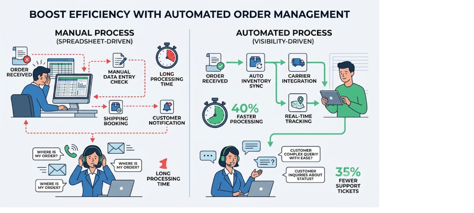 Automated order management comparison showing manual spreadsheet workflows versus connected processes with faster processing