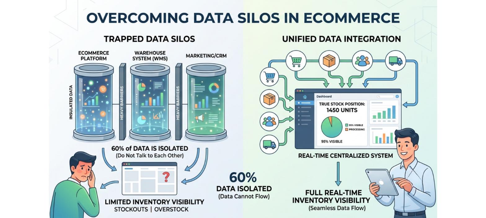 Disconnected inventory across channels showing isolated ecommerce, warehouse, and marketing systems versus unified real-time inventory data