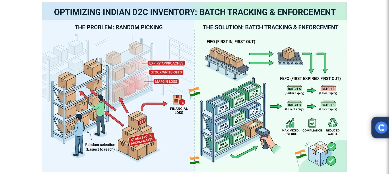 Diagram comparing random picking that causes expiry write-offs with FIFO and FEFO batch tracking and enforcement by lot