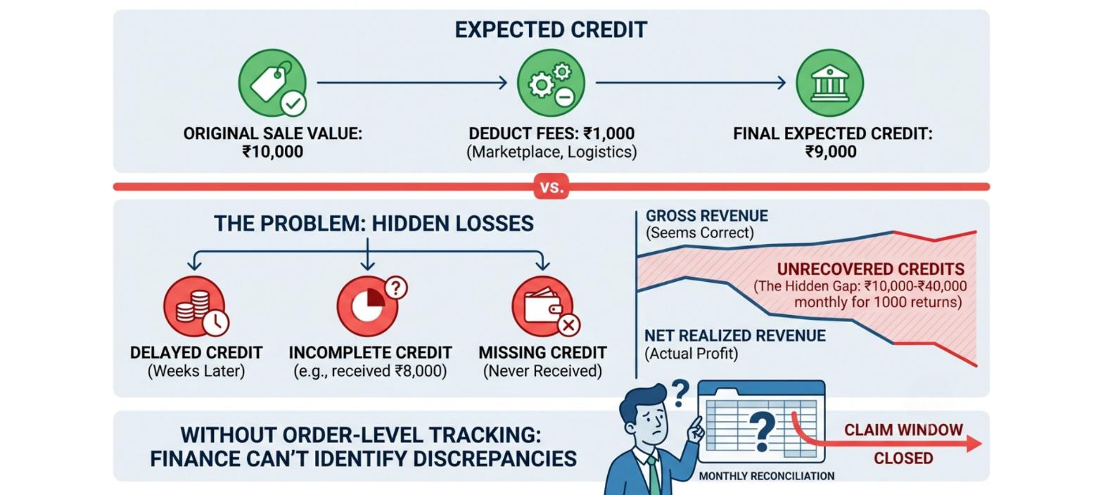 Marketplace return credit tracking showing expected credits, delayed or missing payments, and financial discrepancies without order-level visibility
