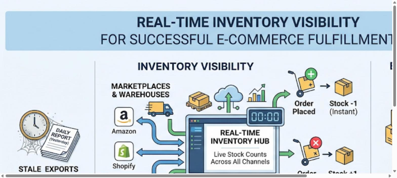 Real-time inventory visibility showing stock synchronization across marketplaces, warehouses, orders, returns, and batch tracking