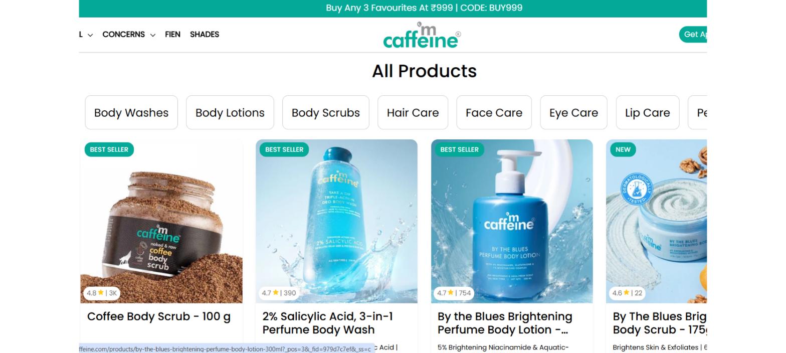 mCaffeine website showing its body care, skincare, and hair care product range