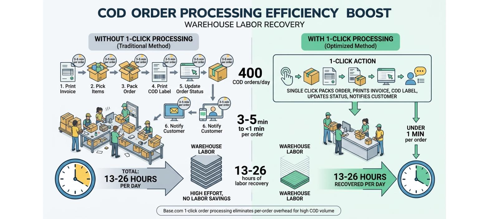 COD order processing efficiency showing how one-click processing reduces warehouse handling time for verified COD orders