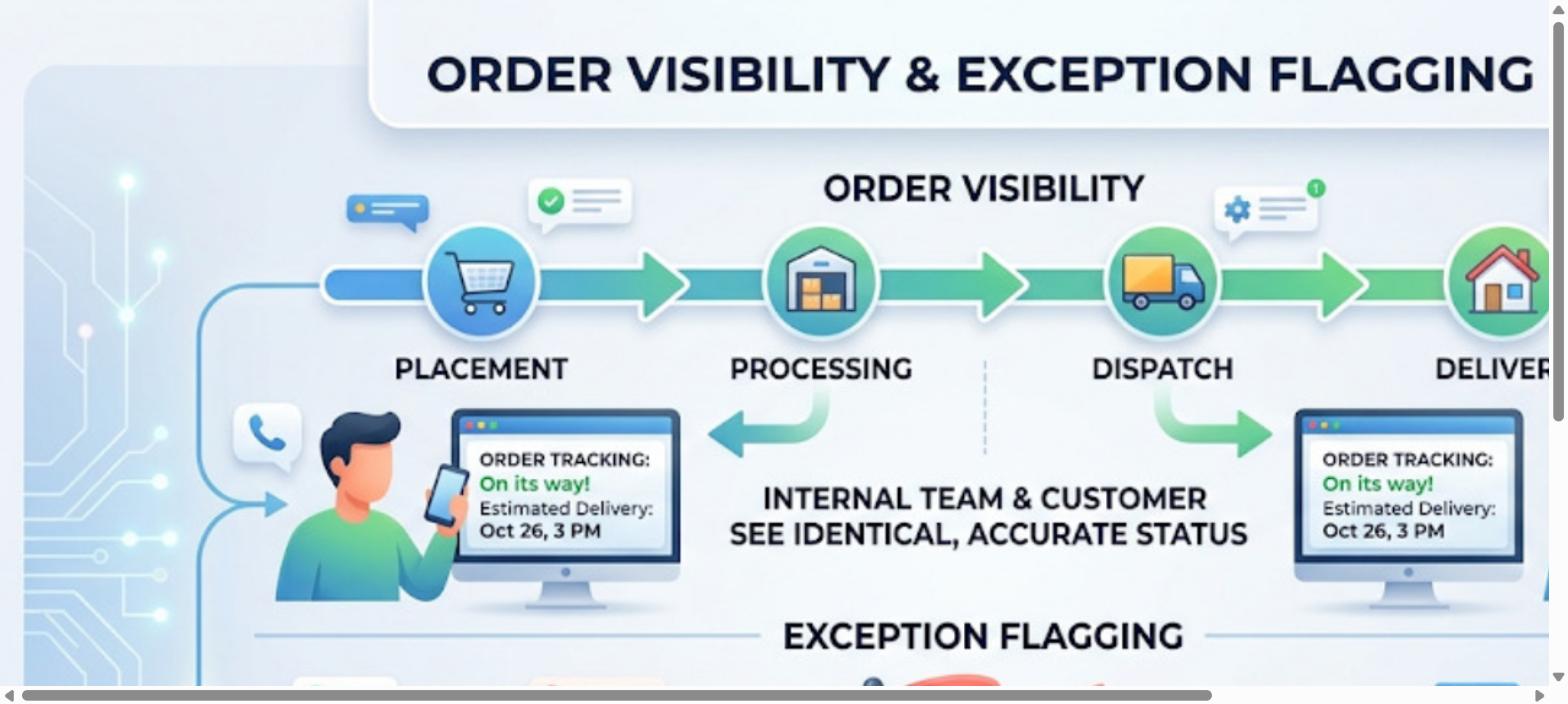 Order visibility and exception flagging showing live order status from placement through processing, dispatch, delivery, and issue detection