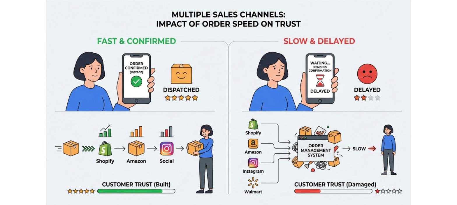 Delayed order confirmation and dispatch comparing fast confirmed orders with slow processing across multiple sales channels