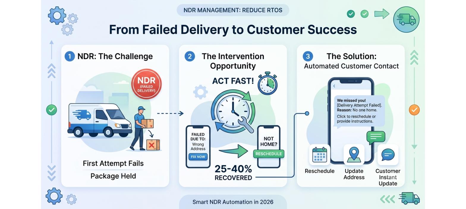 NDR management workflow showing a failed delivery attempt, customer intervention, rescheduling, and successful delivery