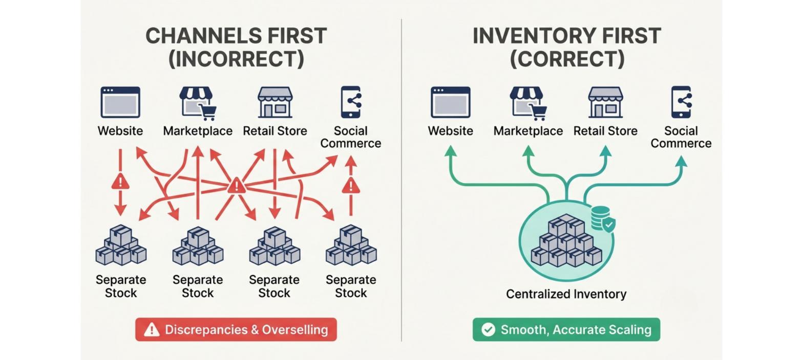Inventory-first strategy showing separate channel stock compared with centralized inventory for smoother and more accurate scaling