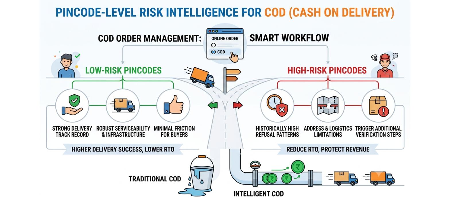 Pincode-level COD risk management showing different verification workflows for low-risk and high-risk delivery locations