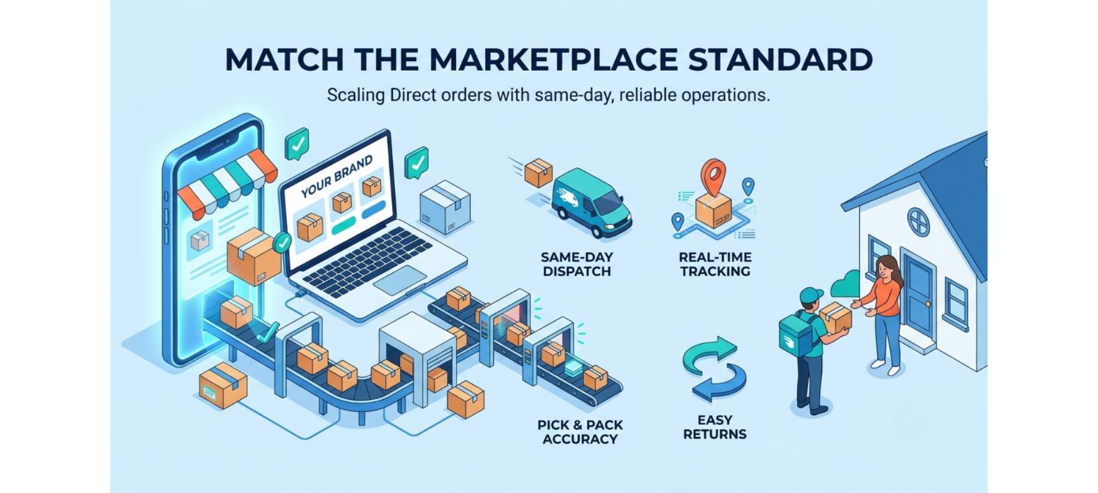 Marketplace-grade direct fulfillment showing same-day dispatch, real-time tracking, accurate pick and pack, and easy returns