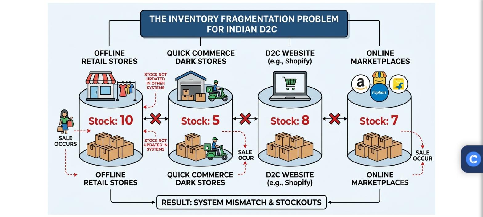 Diagram showing the inventory fragmentation problem with mismatched stock counts across offline stores, quick commerce dark stores, a D2C website, and online marketplaces