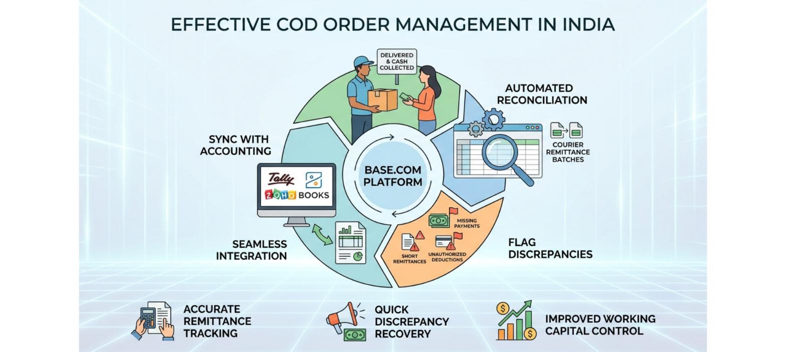 COD order management system showing verification, fulfillment, NDR recovery, reconciliation, accounting sync, and reporting