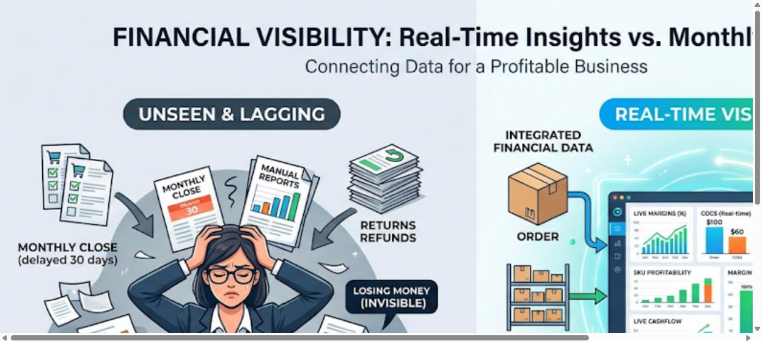 Financial visibility comparison showing delayed monthly reporting versus real-time cost, margin, inventory, and order insights