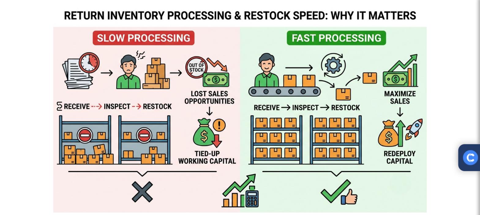 Diagram comparing slow return processing that causes lost sales with fast return processing that maximizes sales and frees working capital