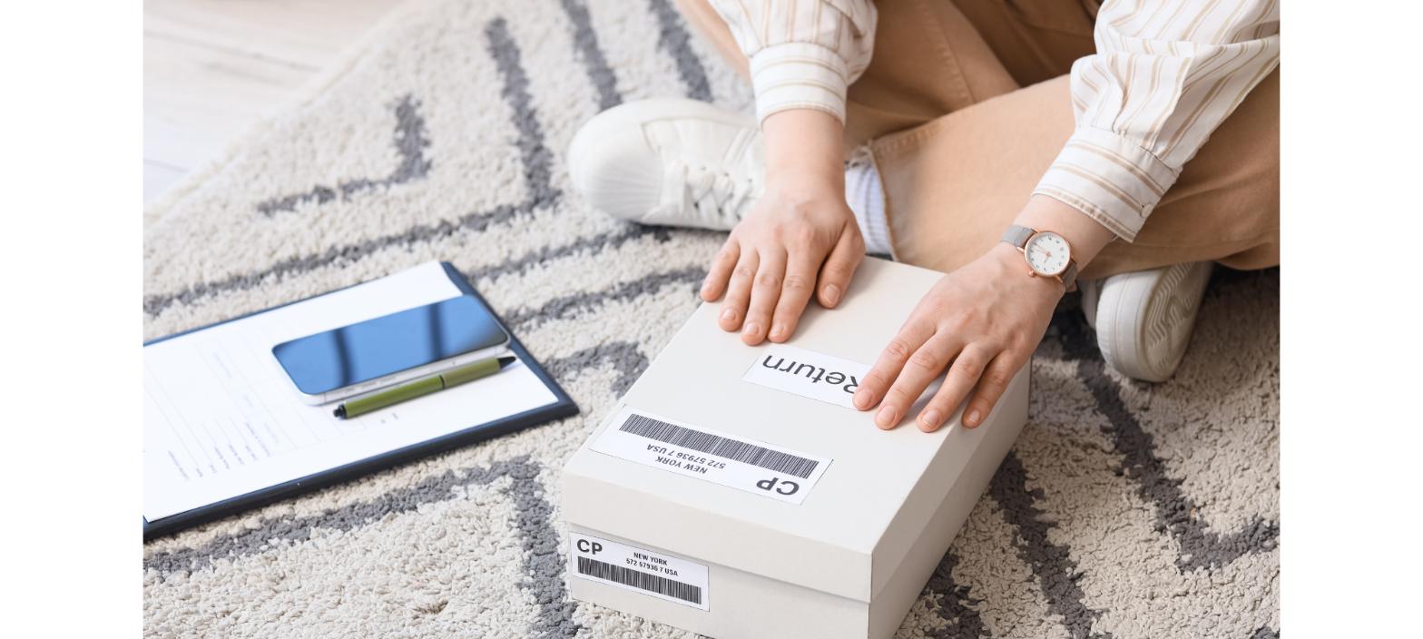 Returns and reverse logistics complexity showing a customer preparing an ecommerce package for return