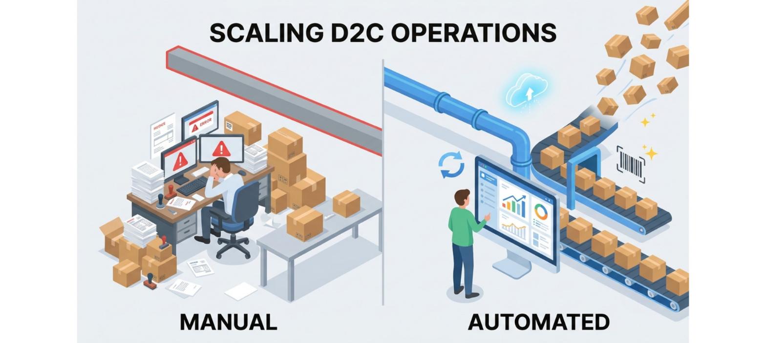 D2C operations scaling comparison showing manual order processing versus automated workflows for handling high order volumes