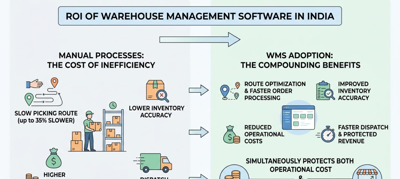 Warehouse management software FAQ covering WMS versus inventory management, order volume, COD and RTO, SAP integration, and implementation time