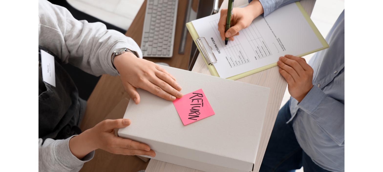 Ecommerce package return being inspected and processed as part of a warehouse returns workflow