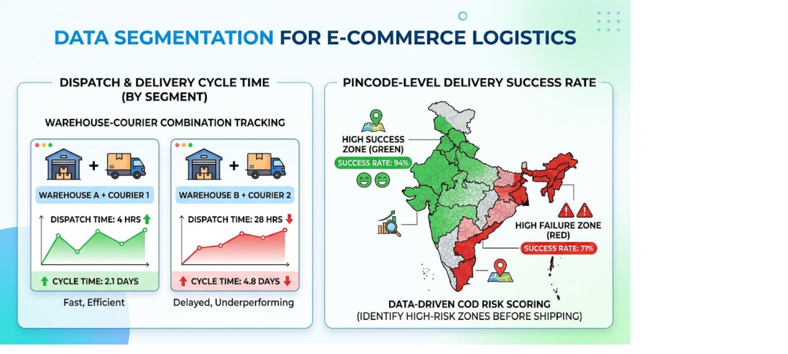 Ecommerce logistics data segmentation showing warehouse-courier performance and pincode-level delivery success rates