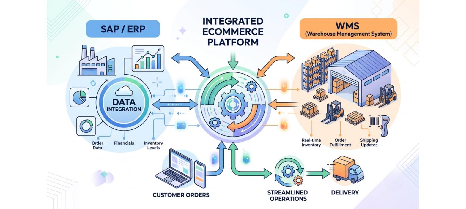 SAP, ERP, and WMS integration showing customer orders, business systems, warehouse operations, inventory, and delivery connected through an integrated ecommerce platform
