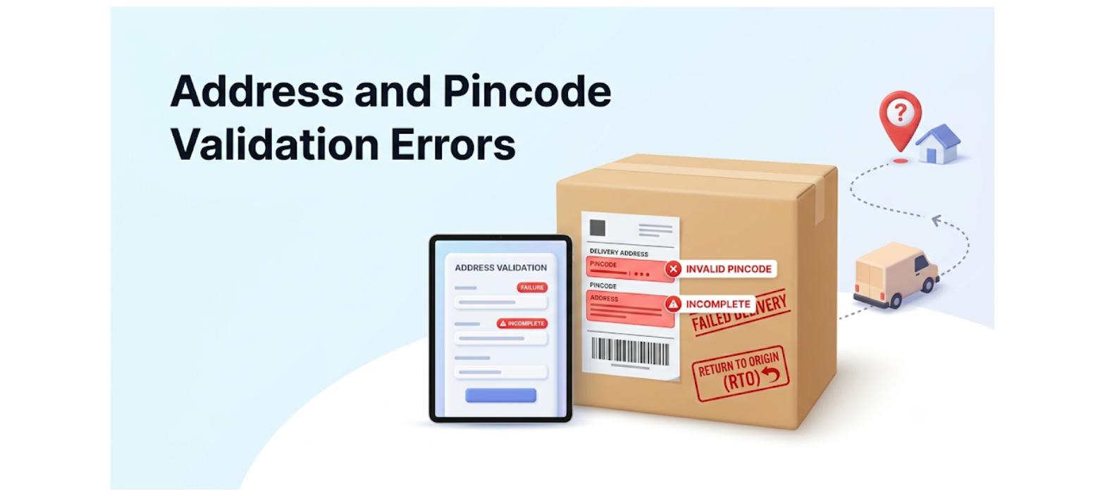 Address and pincode validation errors showing an ecommerce package with invalid address and pincode warnings before delivery