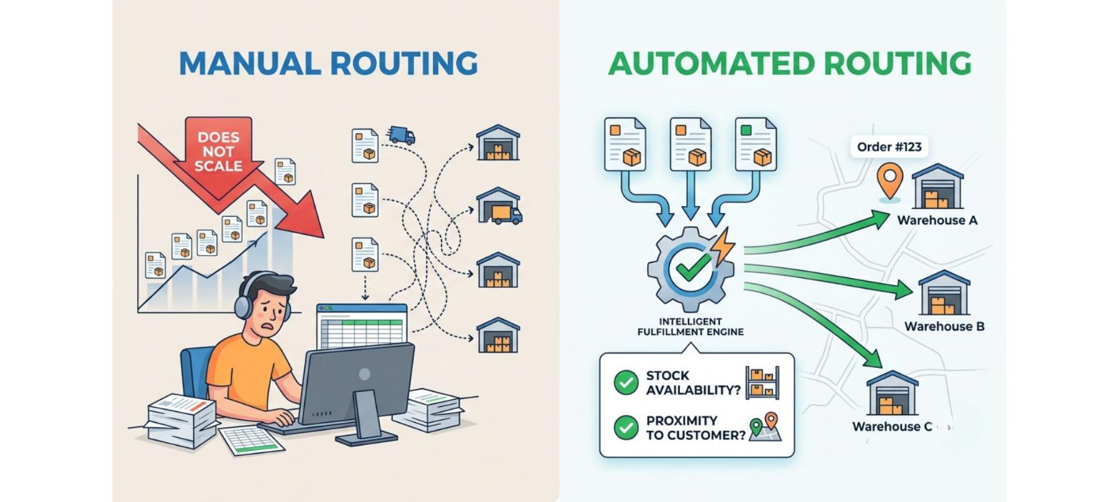 Multi-warehouse order routing comparing manual warehouse assignment with automated routing based on stock availability and customer proximity