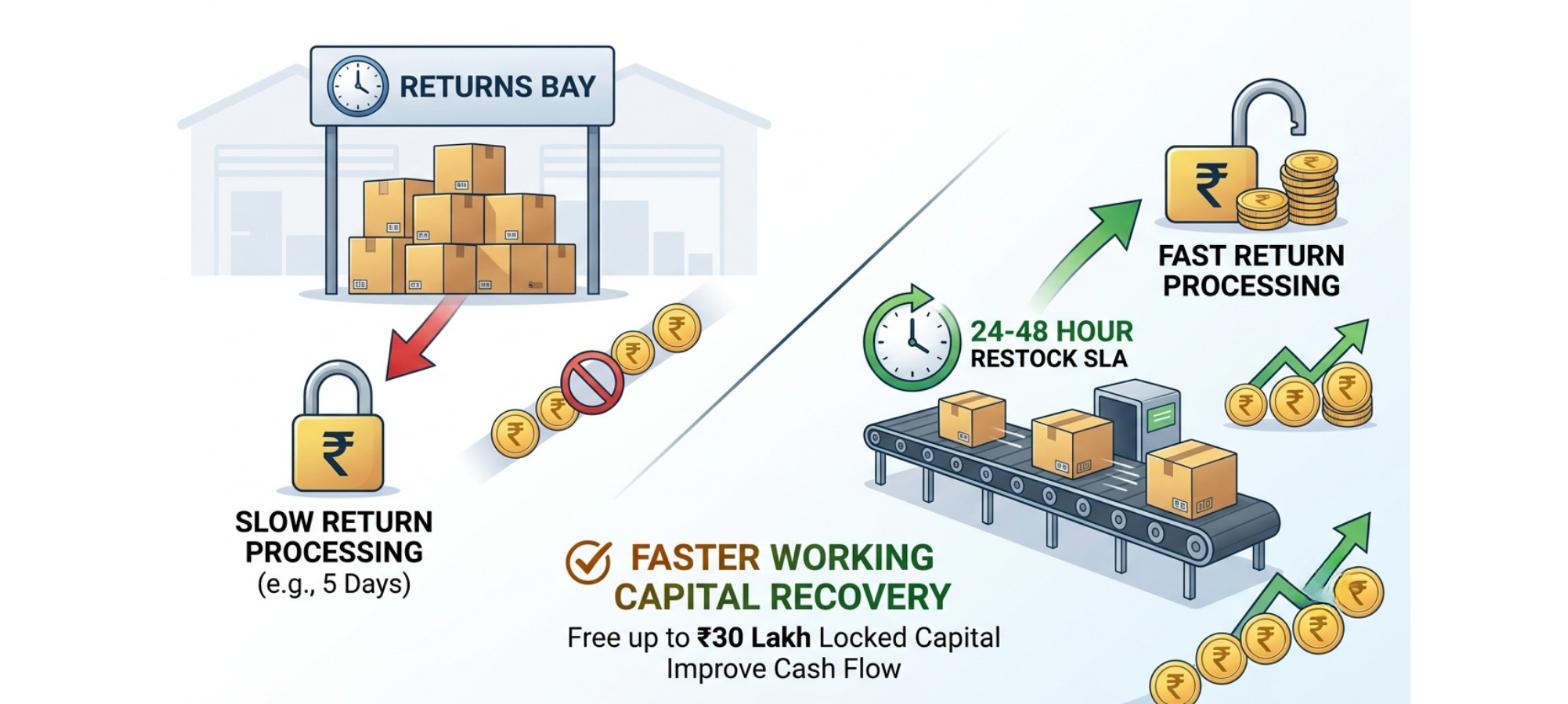 Faster return processing comparison showing how a 24-hour restock target can recover working capital from returned inventory