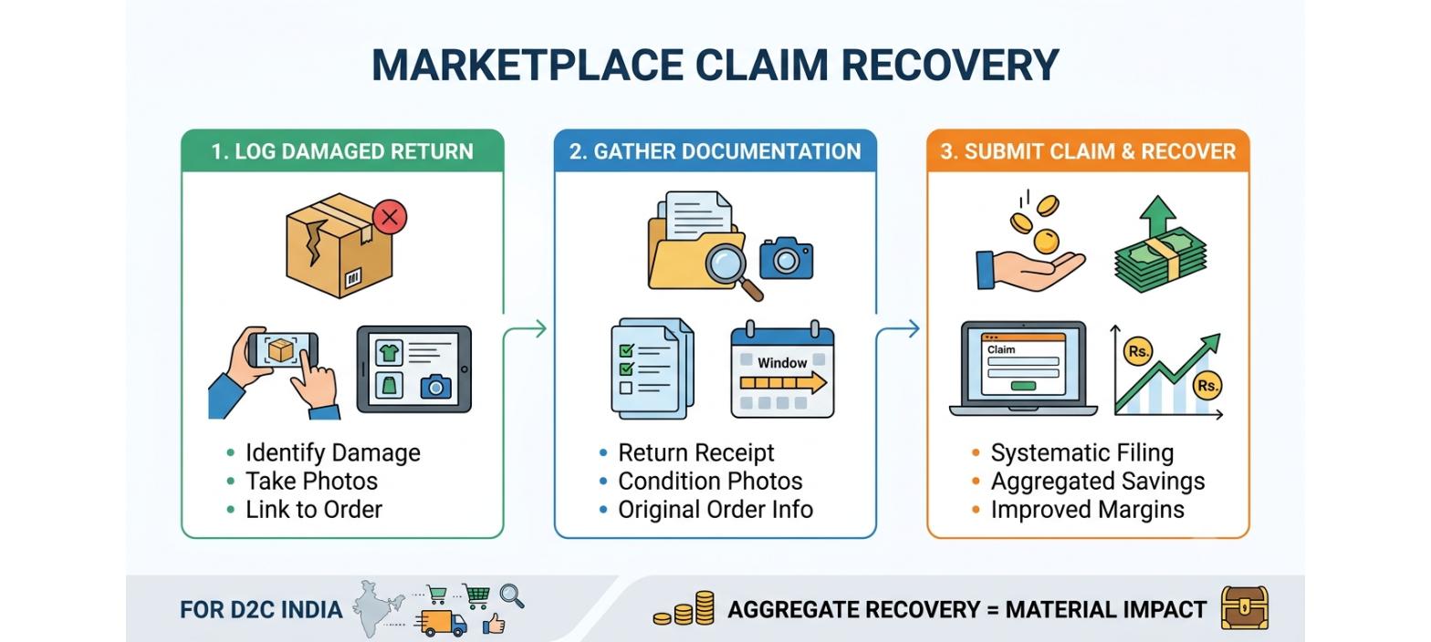 Marketplace claim recovery workflow showing damaged return identification, documentation, claim submission, and reimbursement recovery