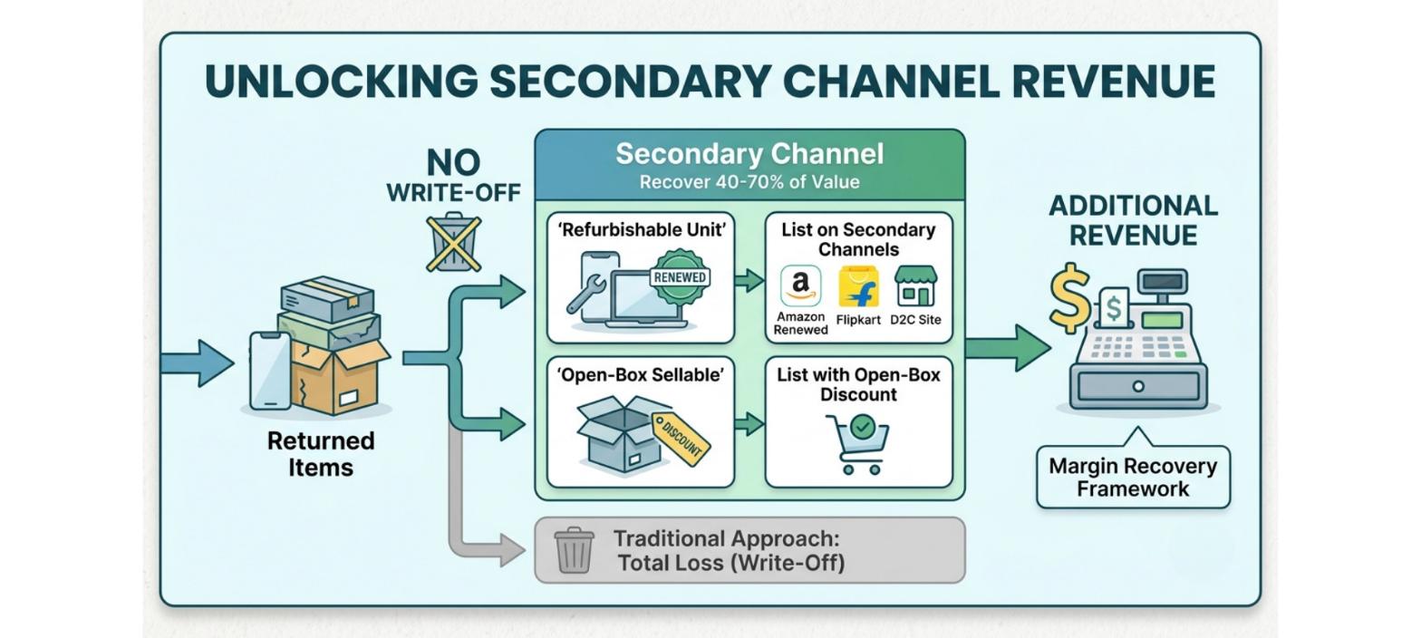 Secondary channel revenue workflow showing returned products refurbished, sold as open-box items, and converted into additional revenue