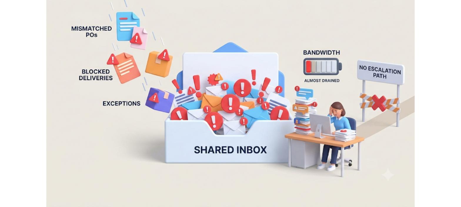Exception handling and manual escalations showing mismatched purchase orders, blocked deliveries, and exceptions accumulating in a shared inbox