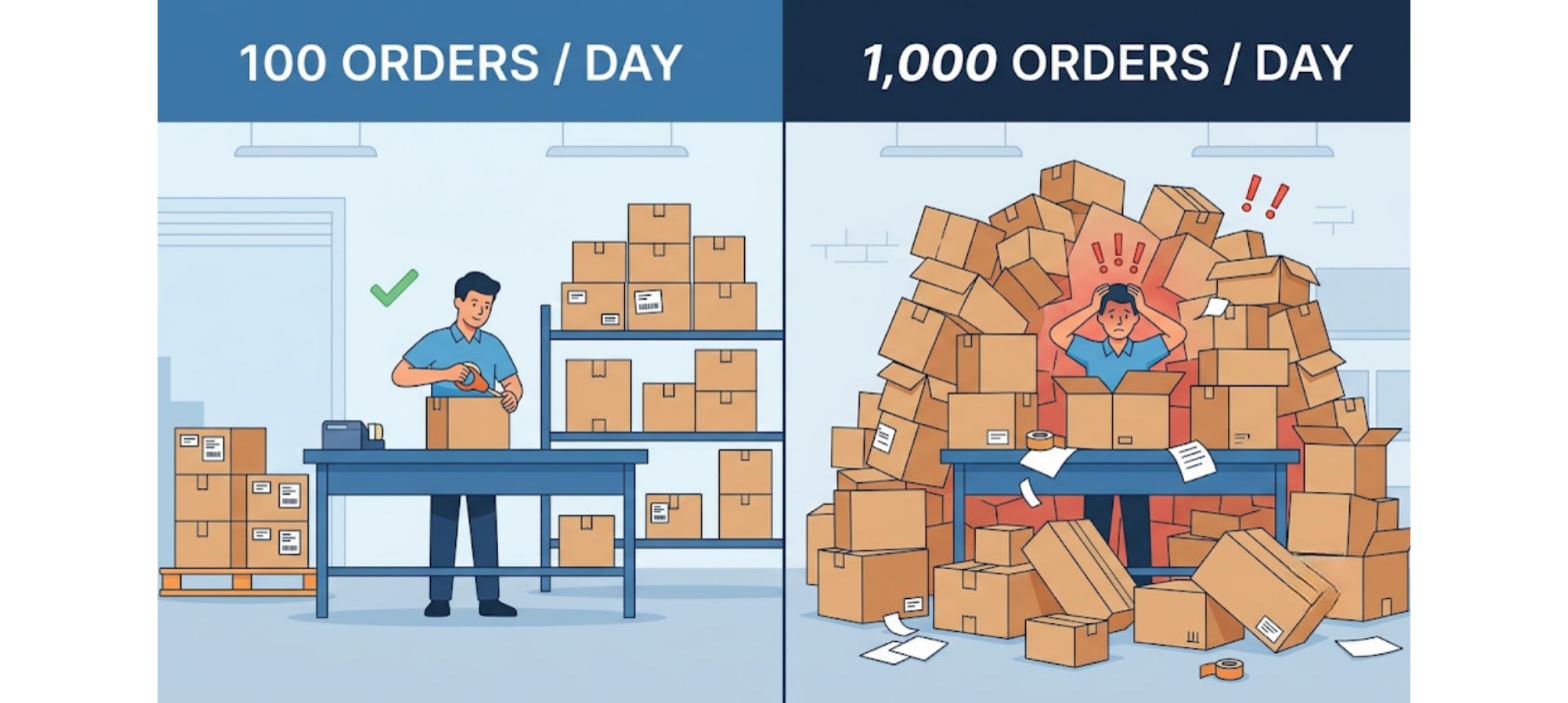 Scaling order processing with growth comparing warehouse operations at 100 orders per day with the strain of processing 1,000 orders per day