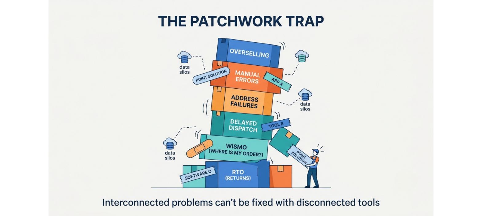 Order management patchwork trap showing interconnected overselling, manual errors, address failures, delayed dispatch, WISMO, and RTO problems caused by disconnected tools