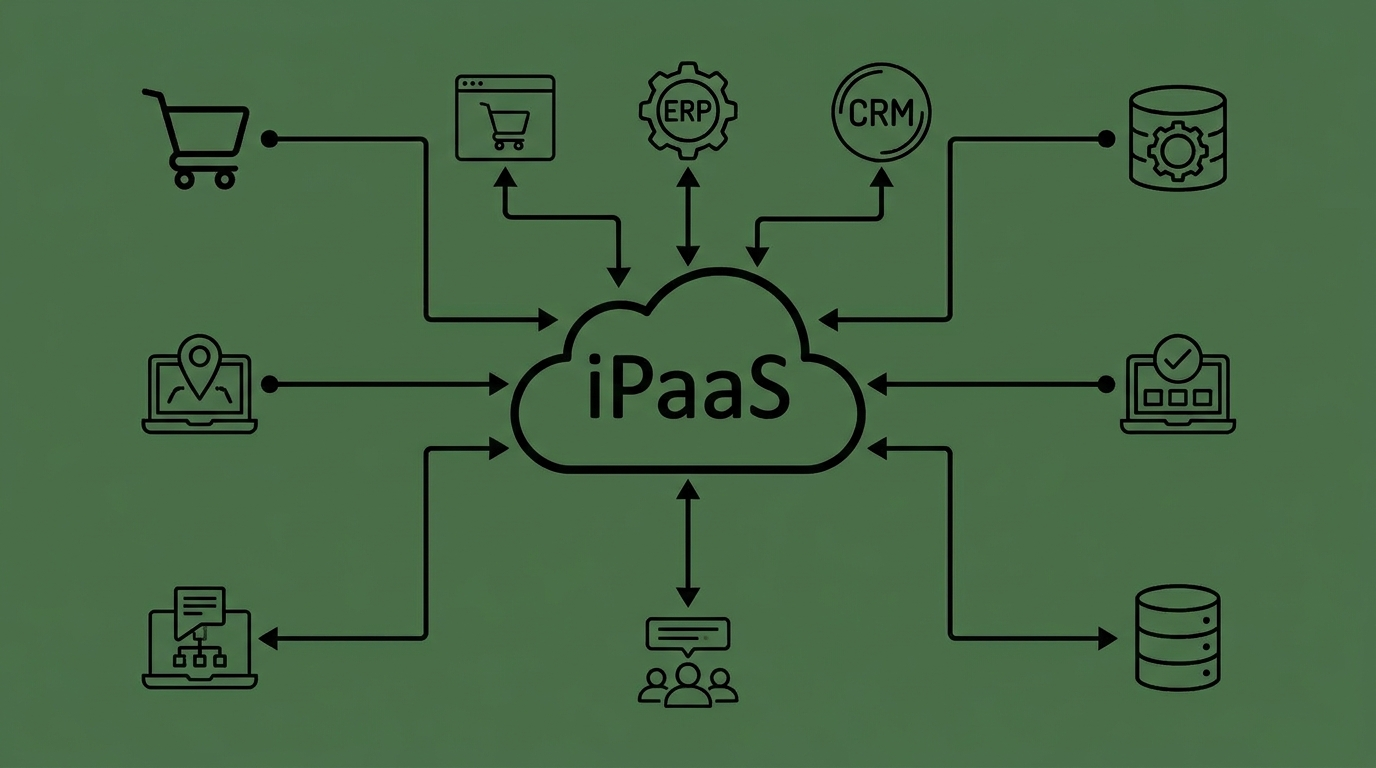 Diagram showing an iPaaS cloud platform connecting e-commerce, ERP, CRM and other systems