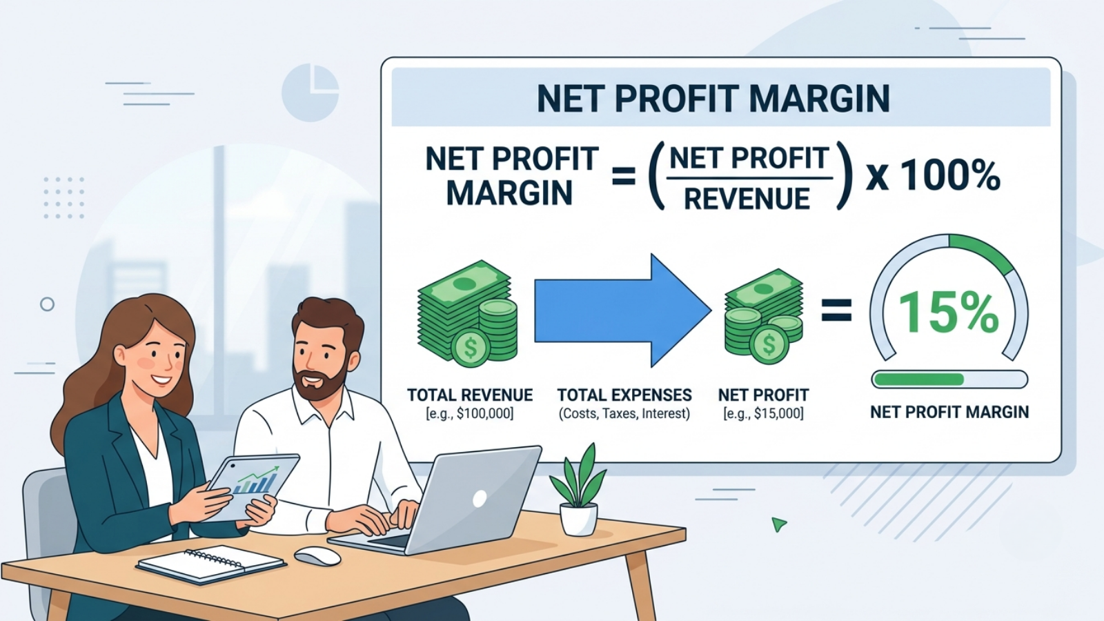 Net profit margin calculation showing how total revenue and expenses determine the final profit percentage