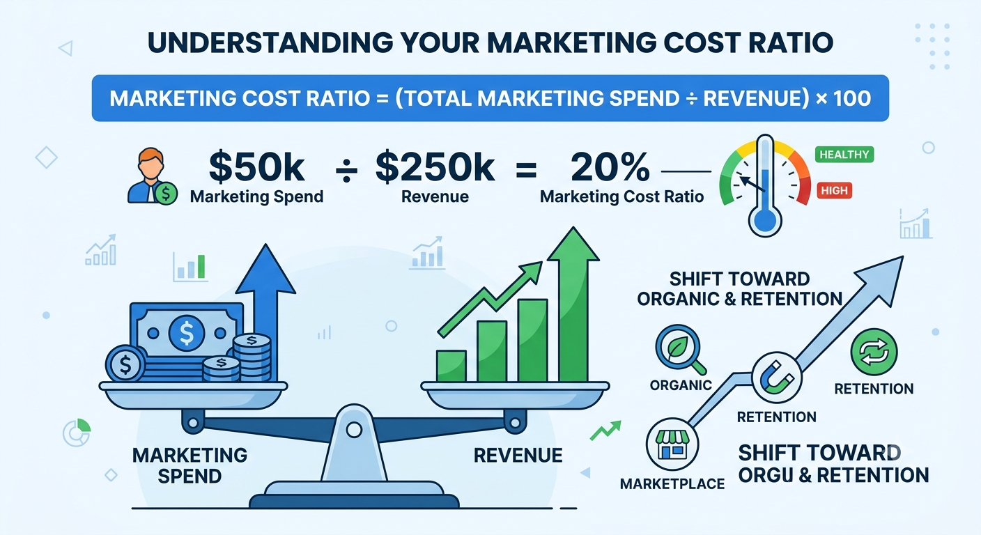 Marketing cost ratio illustration comparing marketing spend with revenue and showing ways to improve efficiency