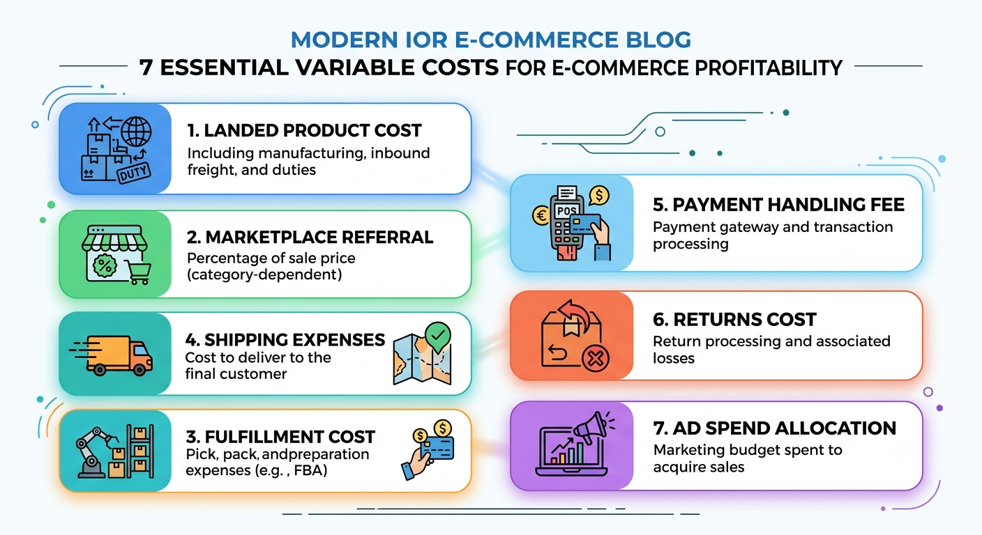 Seven essential variable costs including product cost, marketplace fees, shipping, fulfilment, returns, payment fees, and ad spend