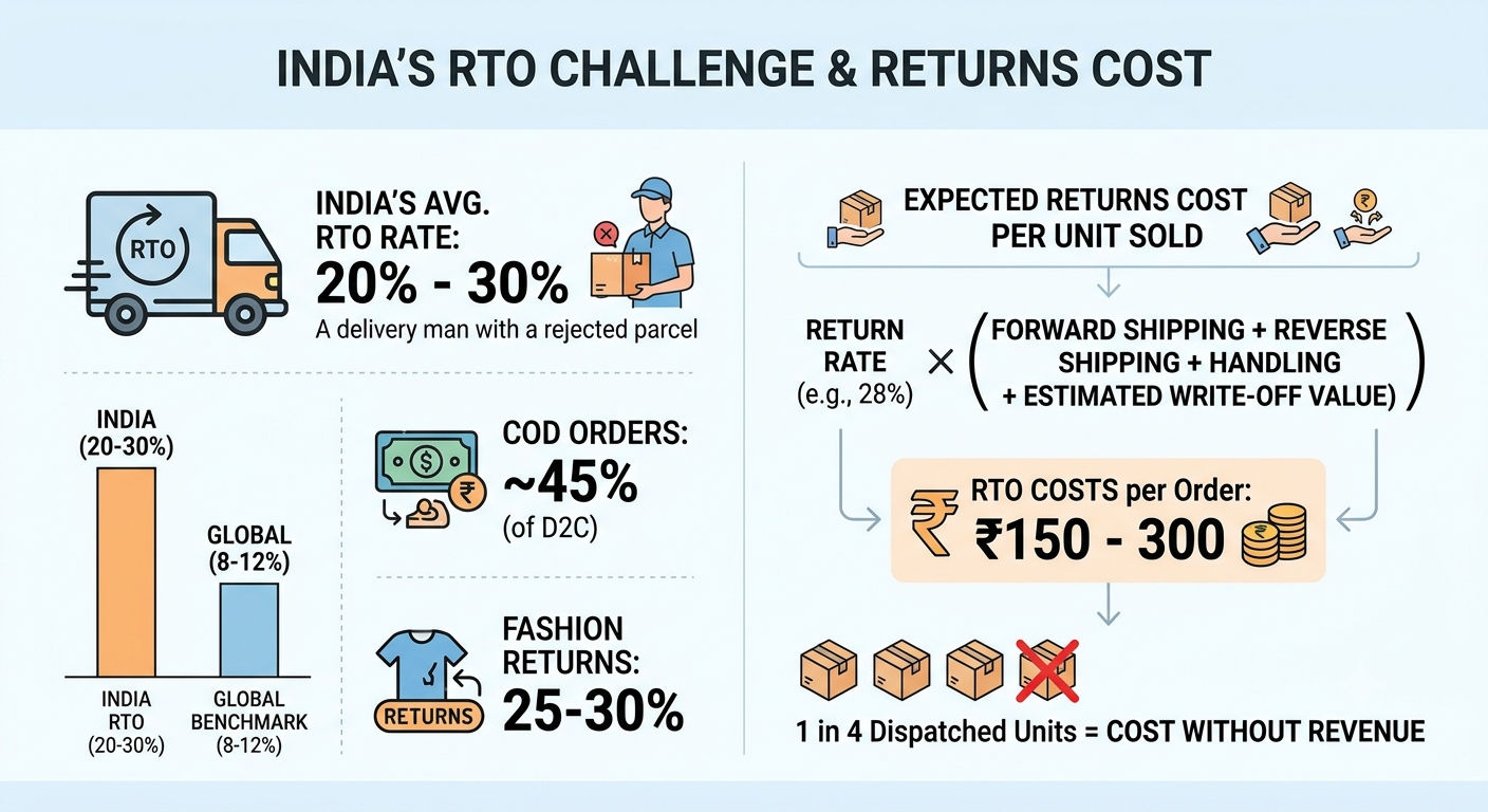 India RTO and returns cost breakdown showing return rates, COD share, fashion returns, and expected costs per order