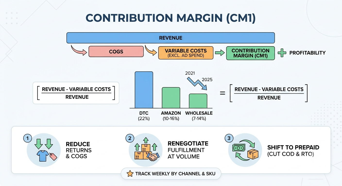 Contribution margin calculation showing revenue minus variable costs and strategies for improving CM1