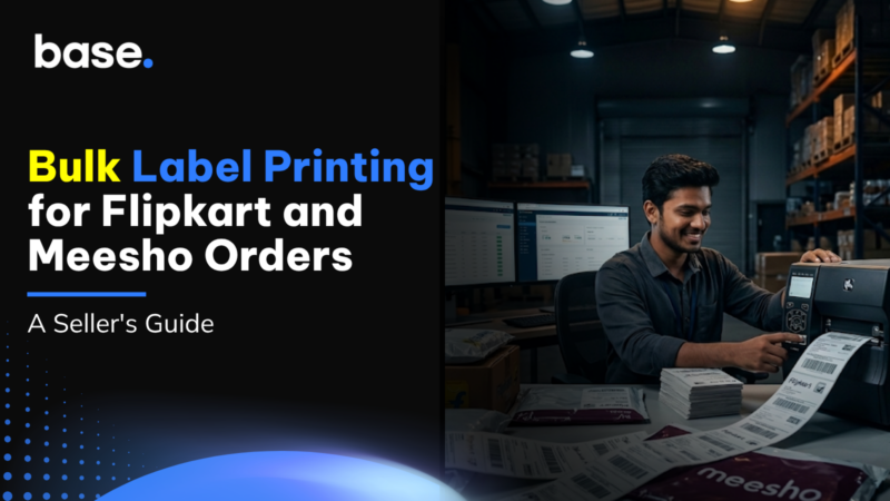 Bulk label printing for Flipkart and Meesho orders, with an ecommerce seller preparing shipments at a warehouse workstation.