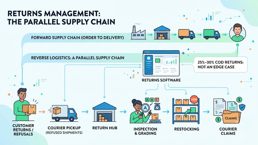 Order management system for D2C brands showing website, marketplace, and quick commerce orders flowing into a central system for inventory allocation and dispatch