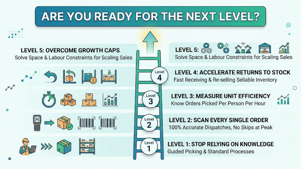 Warehouse automation maturity ladder showing progression from system-directed picking and scan verification to allocation, returns, and physical automation