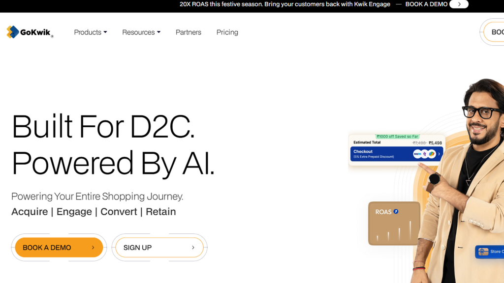 GoKwik checkout platform showing COD risk management, prepaid conversion, address validation, and ecommerce customer acquisition tools