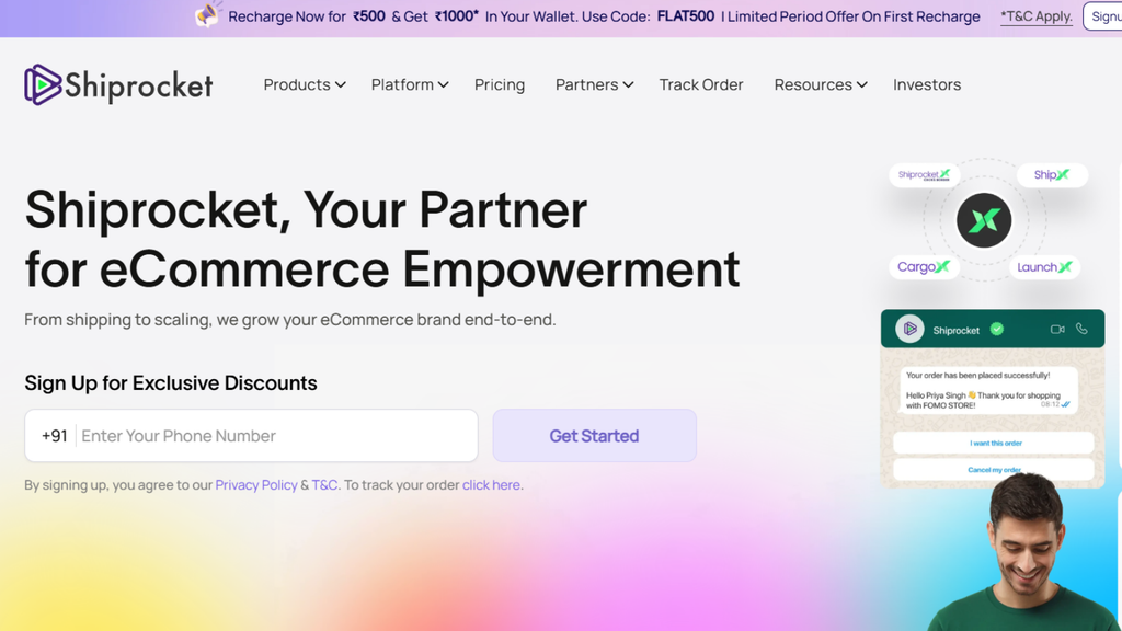 Shiprocket ecommerce shipping platform showing multi-carrier shipping, courier selection, shipment tracking, and delivery management