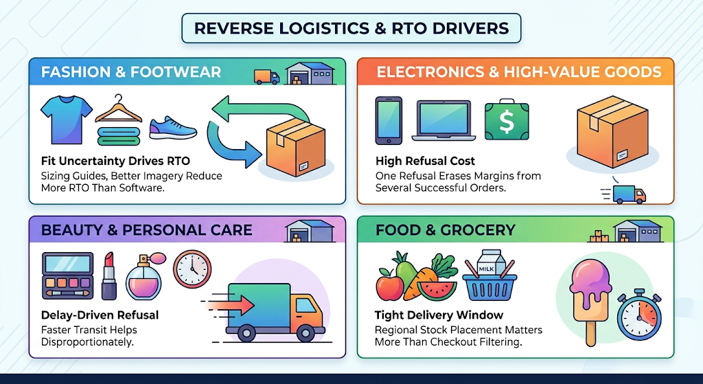 Ecommerce RTO risk by product category showing reverse logistics and delivery considerations across fashion, electronics, beauty, and food and grocery