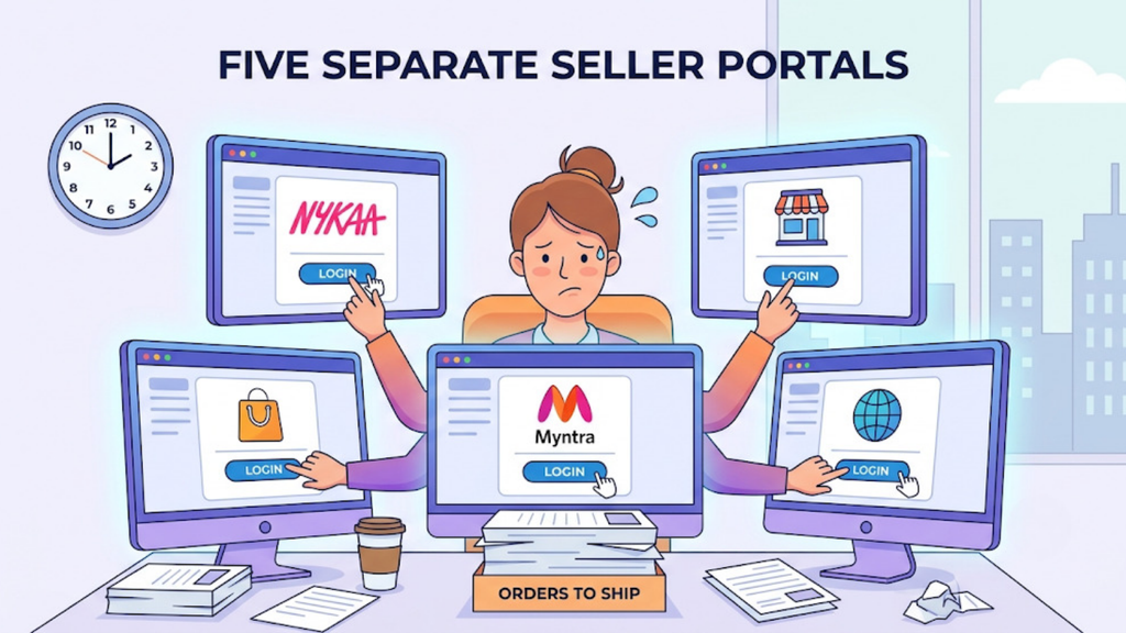 Five separate seller portals showing the manual process of collecting e-commerce orders across multiple marketplaces