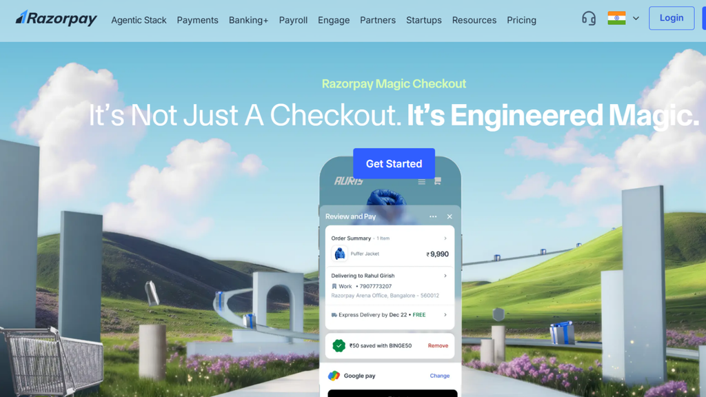 Razorpay Magic Checkout showing a streamlined ecommerce checkout with saved customer details, payment options, and COD controls
