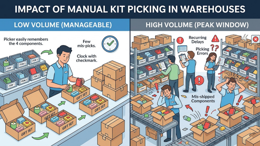 Manual kit picking comparison showing low-volume picking versus high-volume errors, delays, and mis-shipped bundle components