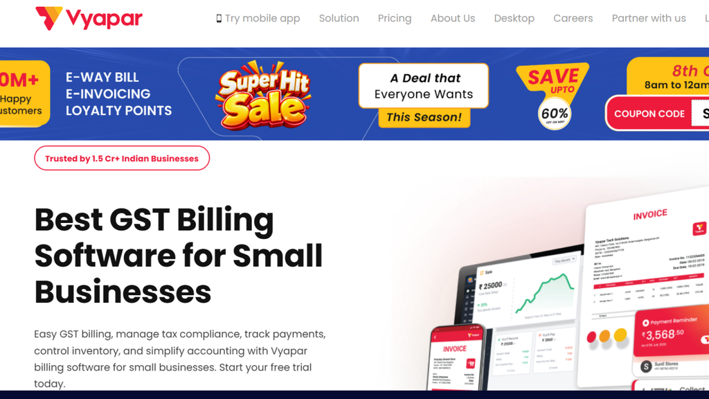 Vyapar business software showing GST billing, inventory tracking, payment management, and small-business operations